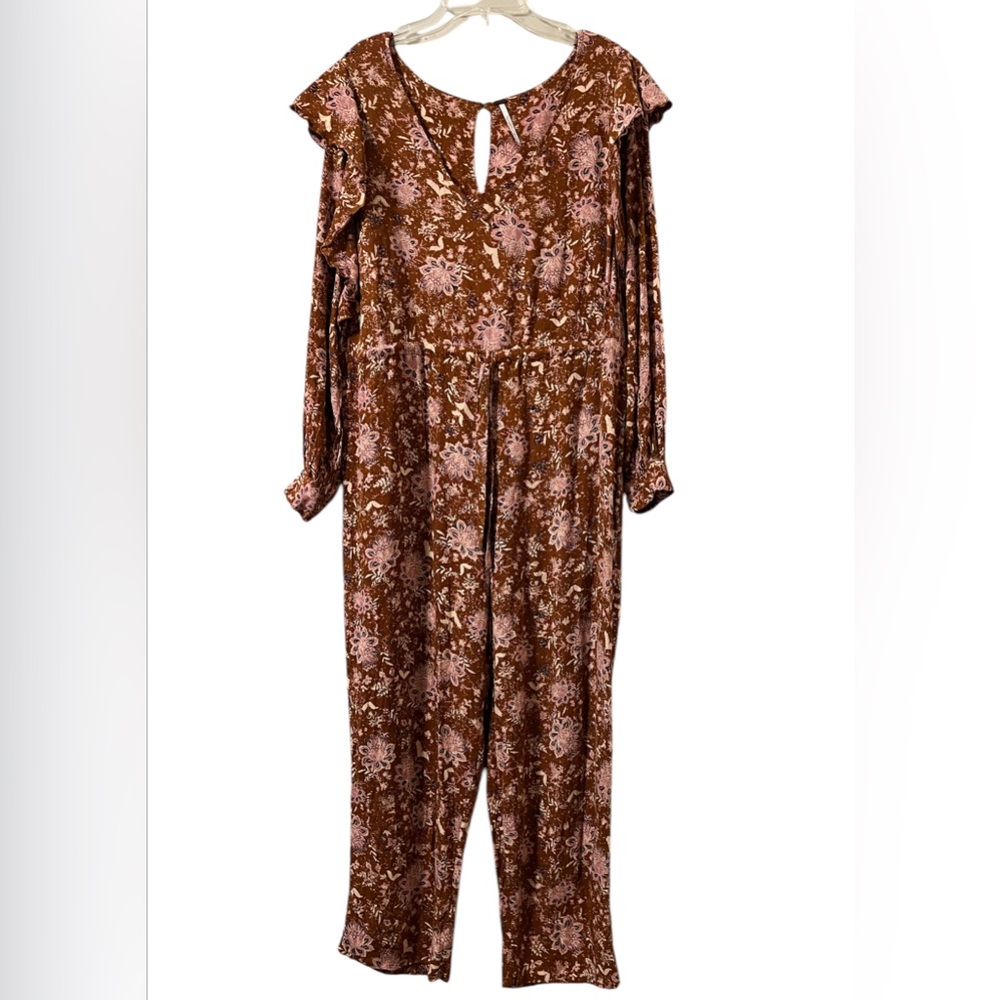 Free People Lux Floral Jumpsuit Women’s S Ruffle Drawstring Brown Pink Crop Leg - Picture 2 of 16